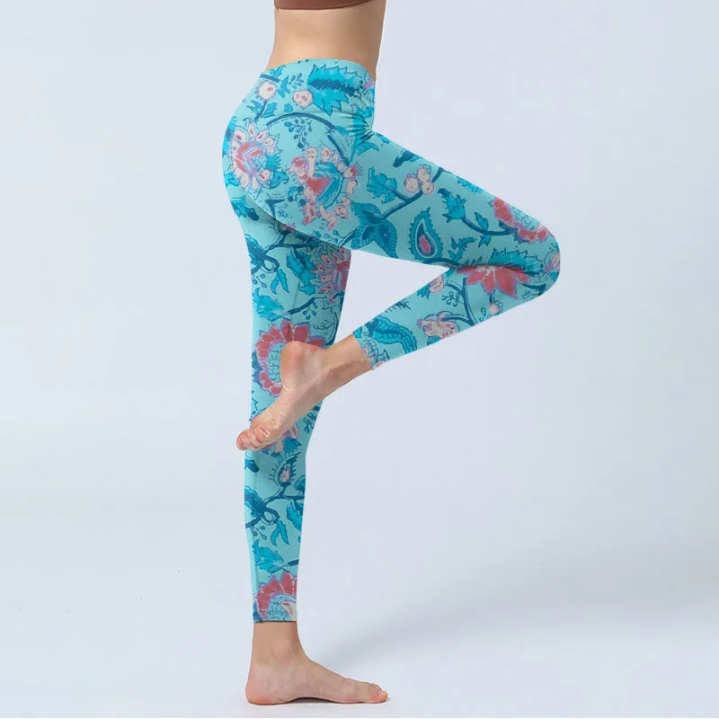 Mythstone Blue Red Flowers Leaves Print Gym Leggings Women's Yoga Pants - Image 4