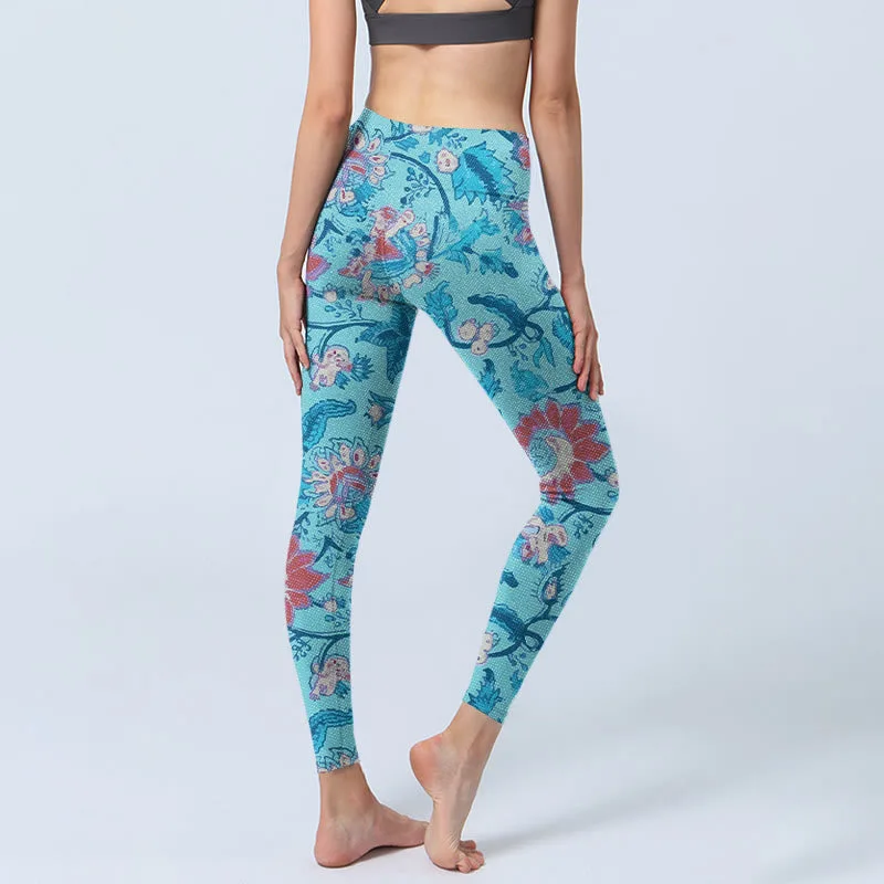 Mythstone Blue Red Flowers Leaves Print Gym Leggings Women's Yoga Pants - Image 5