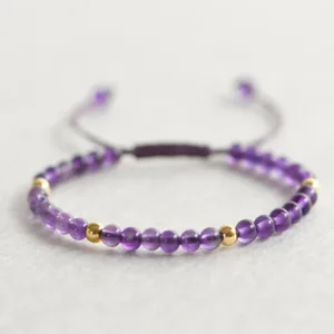 Mythstone 4mm Handmade Natural Amethyst 14k Gold Plated Copper Beads Braided String Relieves Stress Bracelet