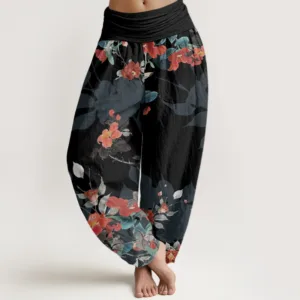 Mythstone Red Flowers Green Leaves Bird Women's Elastic Waist Harem Pants
