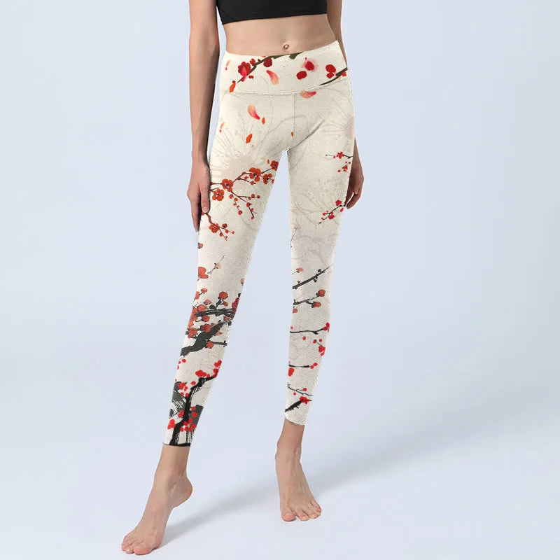 Mythstone Blooming Red Plum Blossoms Print Gym Leggings Women's Yoga Pants - Image 6