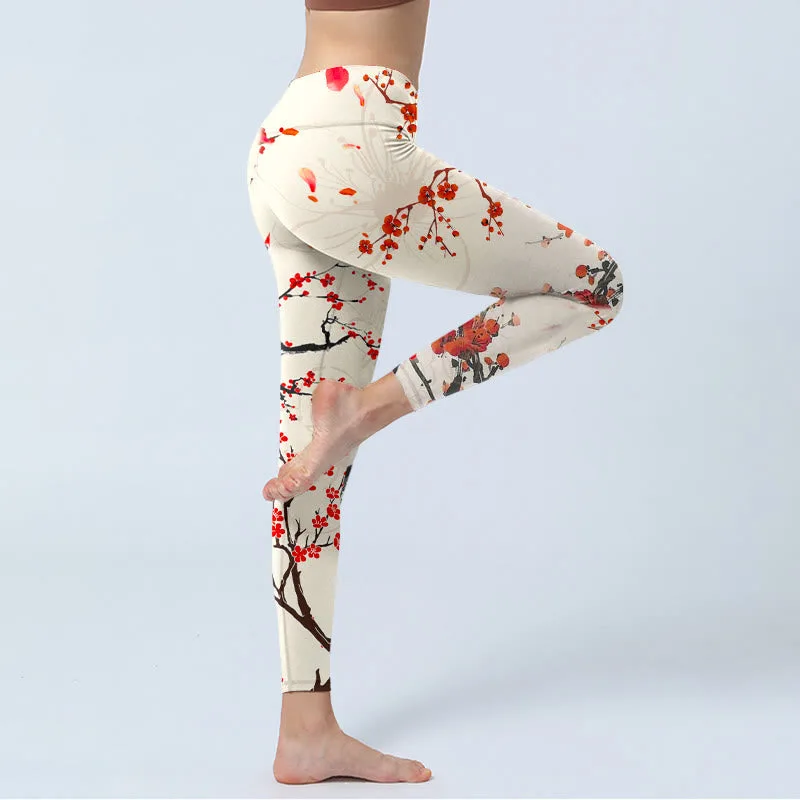 Mythstone Blooming Red Plum Blossoms Print Gym Leggings Women's Yoga Pants - Image 4