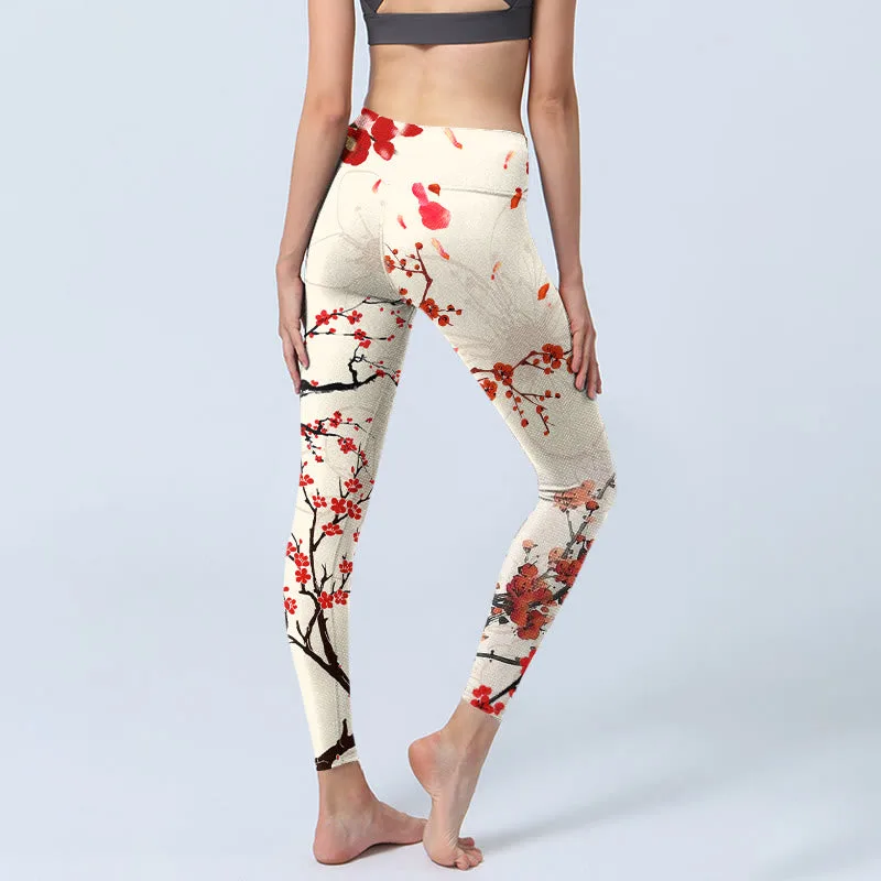 Mythstone Blooming Red Plum Blossoms Print Gym Leggings Women's Yoga Pants - Image 5