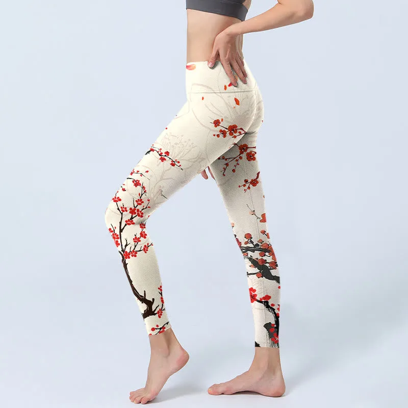 Mythstone Blooming Red Plum Blossoms Print Gym Leggings Women's Yoga Pants - Image 3