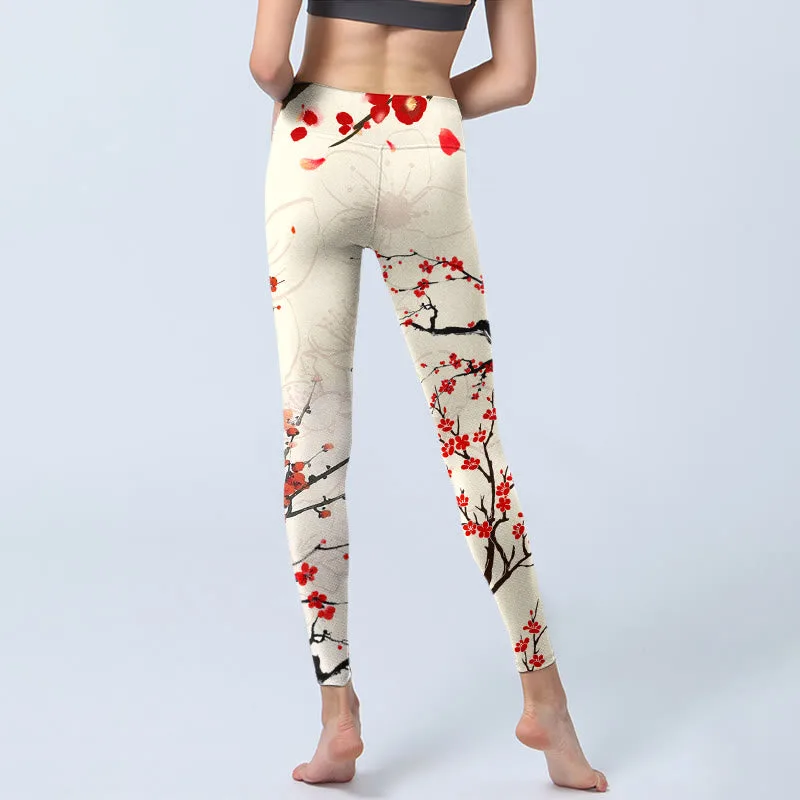 Mythstone Blooming Red Plum Blossoms Print Gym Leggings Women's Yoga Pants - Image 7