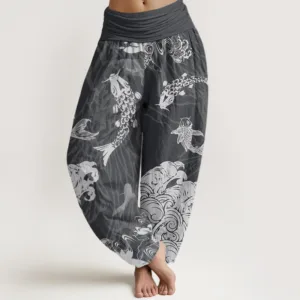 Mythstone Women's Elastic Waist Harem Pants with Koi Fish, Lotus, and Waves Design