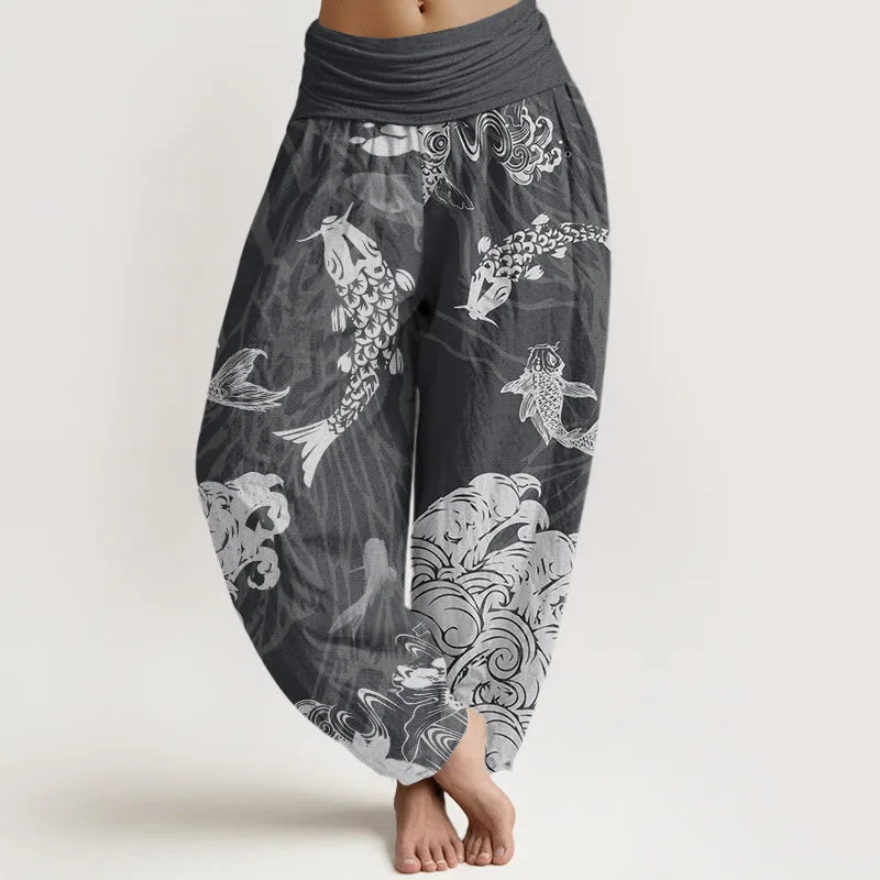Mythstone Women's Elastic Waist Harem Pants with Koi Fish, Lotus, and Waves Design