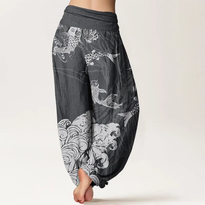 Mythstone Women's Elastic Waist Harem Pants with Koi Fish, Lotus, and Waves Design - Image 3
