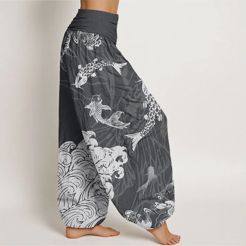 Mythstone Women's Elastic Waist Harem Pants with Koi Fish, Lotus, and Waves Design - Image 2