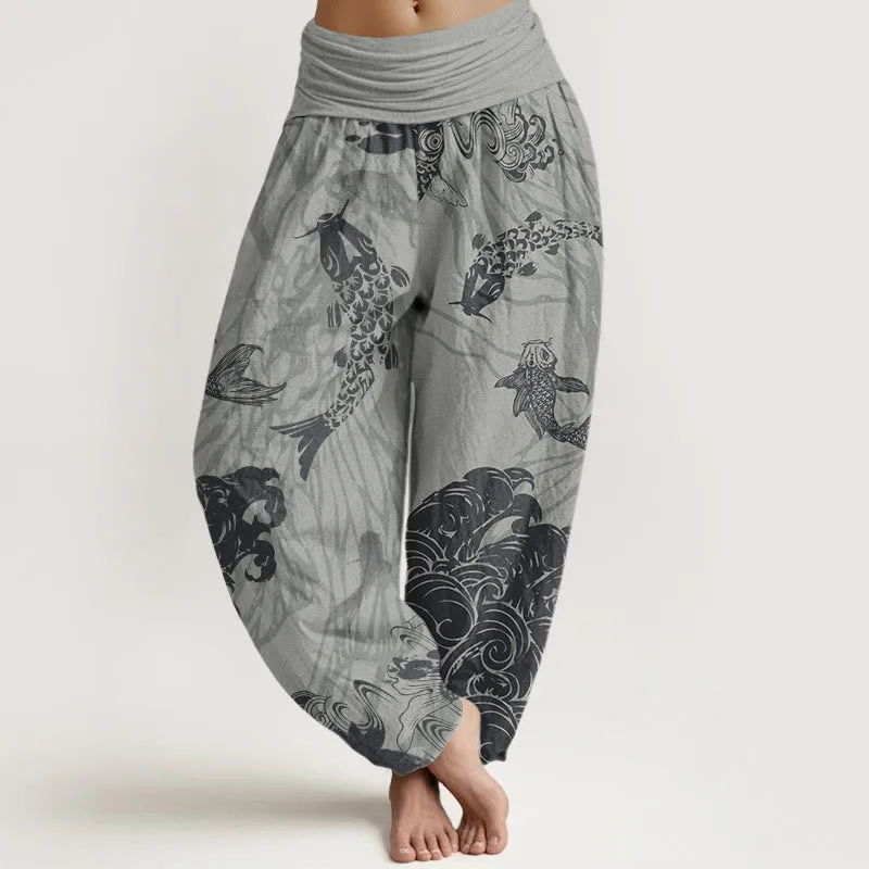 Mythstone Women's Elastic Waist Harem Pants with Koi Fish, Lotus, and Waves Design - Image 5
