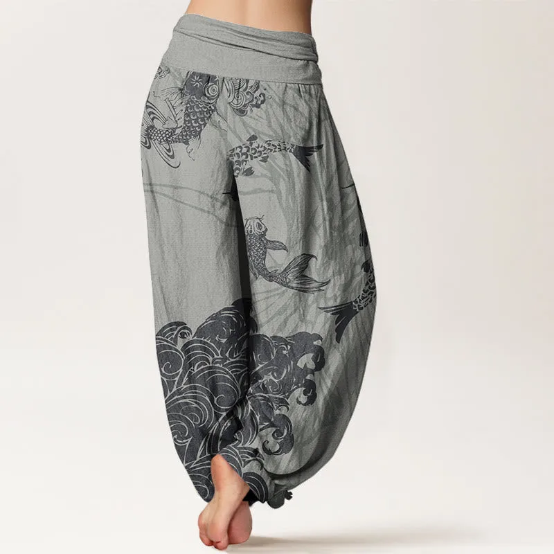 Mythstone Women's Elastic Waist Harem Pants with Koi Fish, Lotus, and Waves Design - Image 7