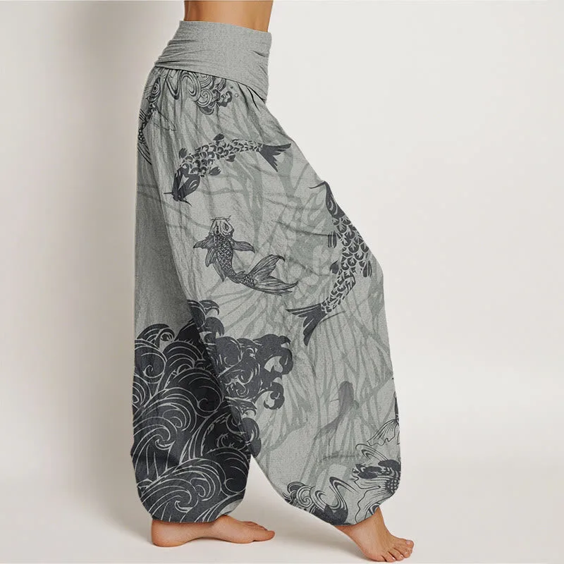 Mythstone Women's Elastic Waist Harem Pants with Koi Fish, Lotus, and Waves Design - Image 6