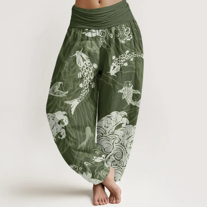 Mythstone Women's Elastic Waist Harem Pants with Koi Fish, Lotus, and Waves Design - Image 8