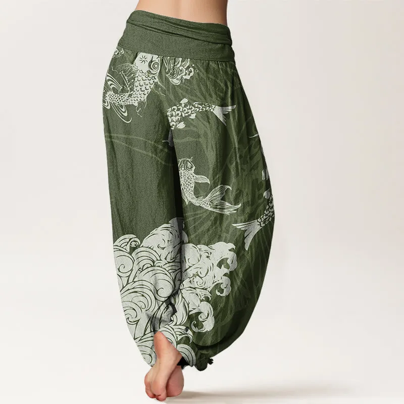 Mythstone Women's Elastic Waist Harem Pants with Koi Fish, Lotus, and Waves Design - Image 10