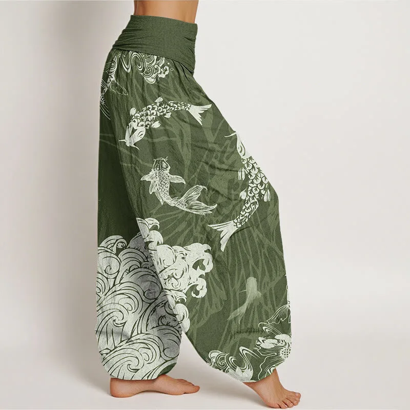 Mythstone Women's Elastic Waist Harem Pants with Koi Fish, Lotus, and Waves Design - Image 9