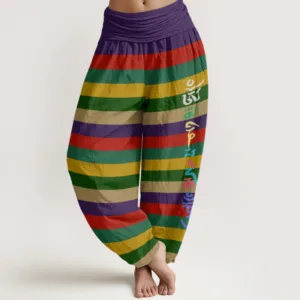 Mythstone Colorful Stripe Om Mani Padme Hum Women's Elastic Waist Harem Pants