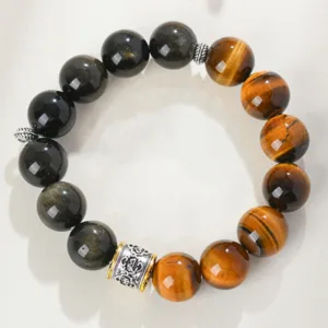 Mythstone Tiger Eye Gold Sheen Obsidian Om Mani Padme Hum Bracelet