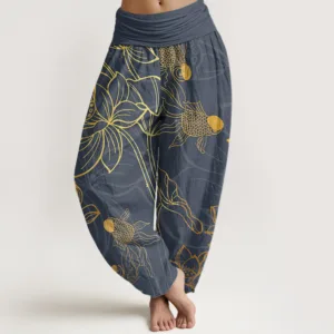 Mythstone Lotus Leaf Koi Fish Women's Elastic Waist Harem Pants