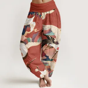 Mythstone Red-crowned Crane Cloud Pattern Women's Elastic Waist Harem Pants