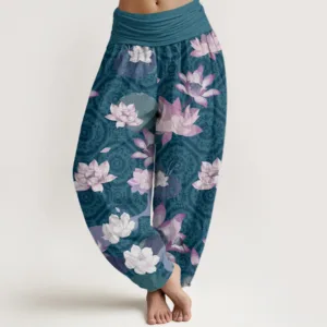 Mythstone Lotus Leaf Pattern Women's Elastic Waist Harem Pants