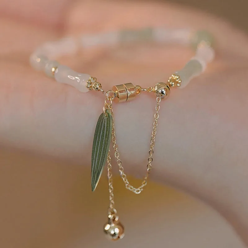 Mythstone 14K Gold Plated Hetian White Jade Bamboo Leaf Luck Protection Bracelet - Image 5
