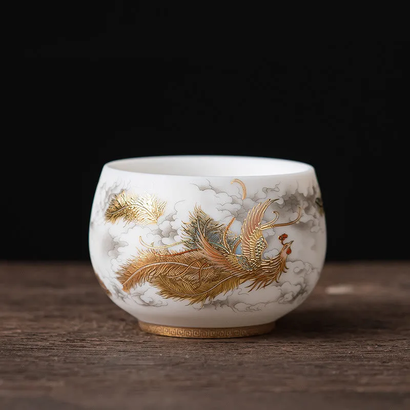 Mythstone Phoenix Dragon Lotus Deer Ancient Building Koi Fish Ceramic Teacup Kung Fu Tea Cups - Image 2