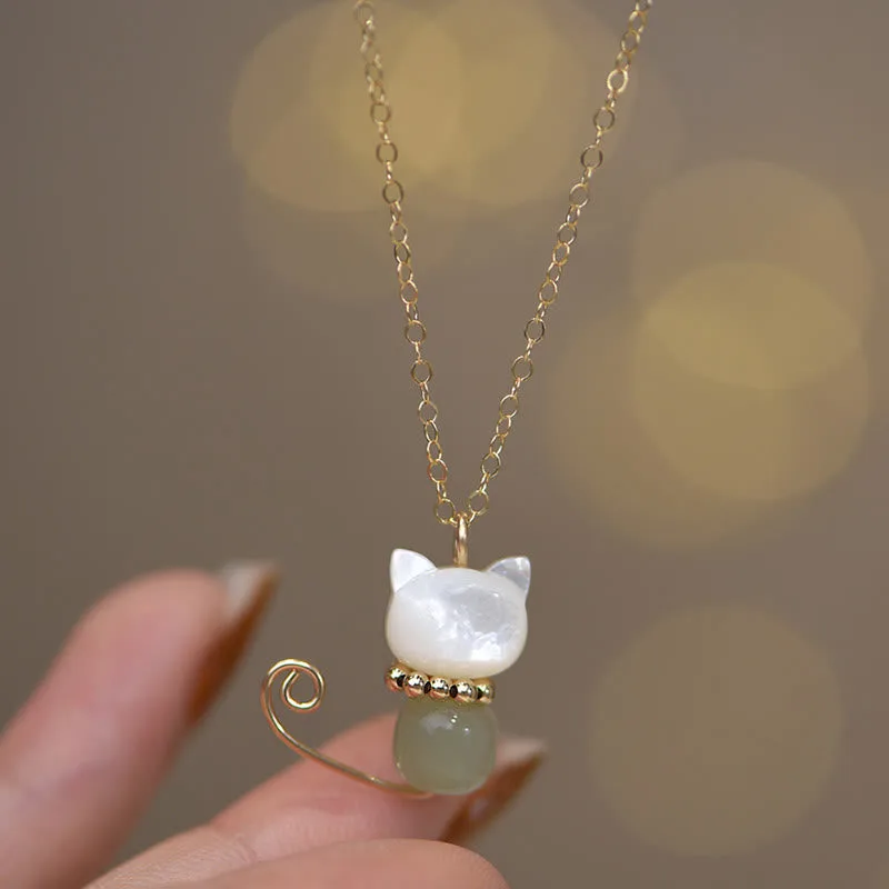 Mythstone 14K Gold Plated Pearl Hetian Jade Shell Luck Cat Kitten Necklace Pendant - Image 5