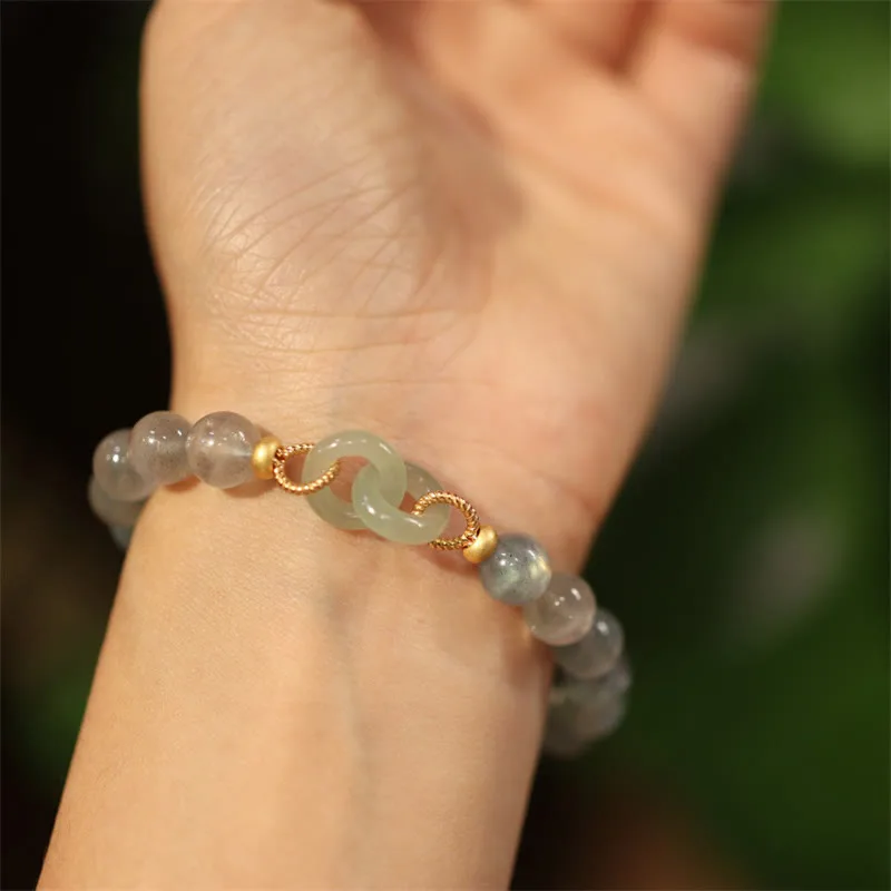 Mythstone Natural Moonstone Heitan Jade Peace Buckle Healing Bracelet