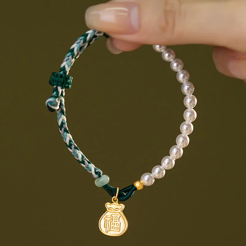 Mythstone 925 Sterling Silver Fu Character Lucky Bag Pearl Hetian Jade Wisdom Rope Bracelet - Image 7