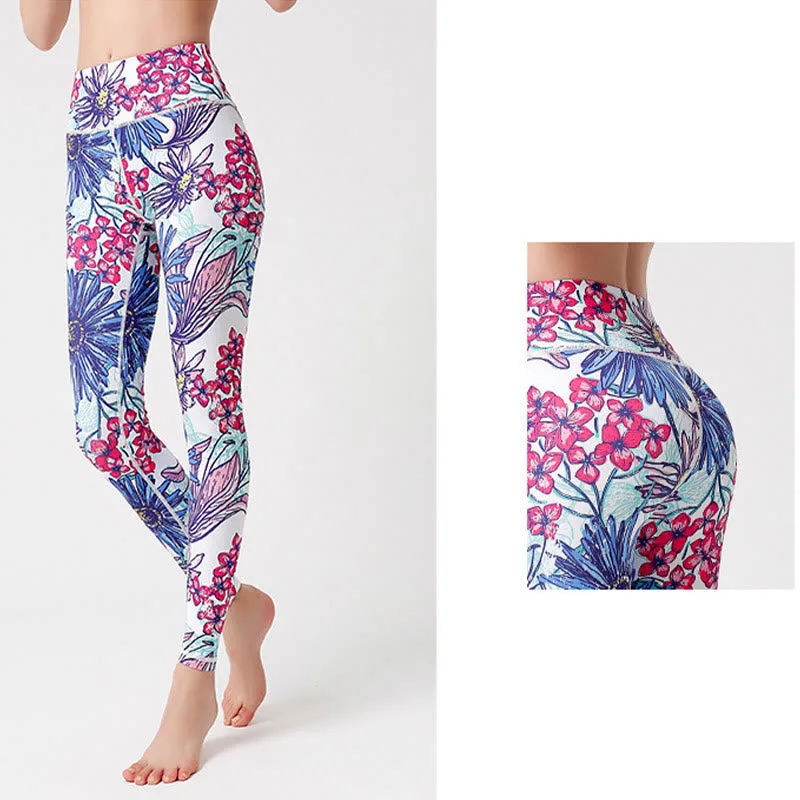 Mythstone Colorful Flower Petal Leaves Print Sports Exercise Fitness High Waist Leggings Women's Yoga Pants - Image 13