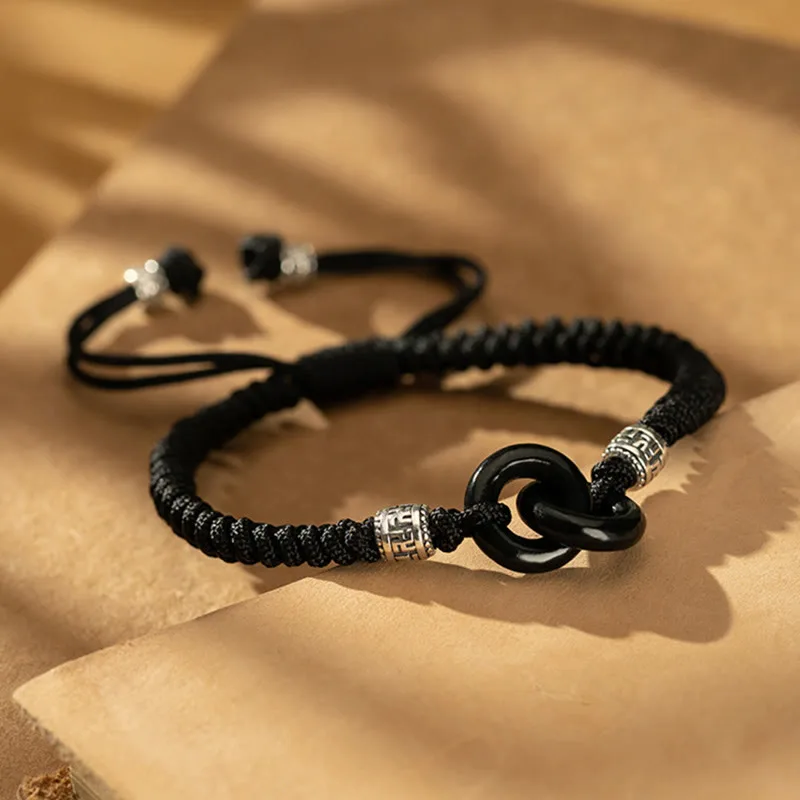 Mythstone 925 Sterling Silver Natural Hetian Black Jade Double Peace Buckle Swastika Symbol Luck Bracelet - Image 2