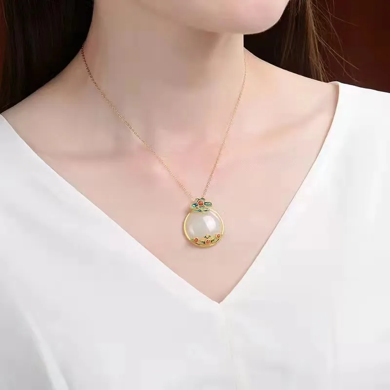 Mythstone White Jade Red Agate Flower Blessing Luck Necklace Pendant - Image 4