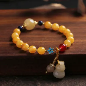 Mythstone Natural Golden Silk Jade Gourd Charm Wealth Luck Bracelet