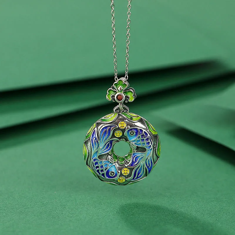 Mythstone - 990 Sterling Silver Koi Fish Copper Coin Peace Buckle Luck Wealth 925 Sterling Silver Necklace Pendant - Image 2