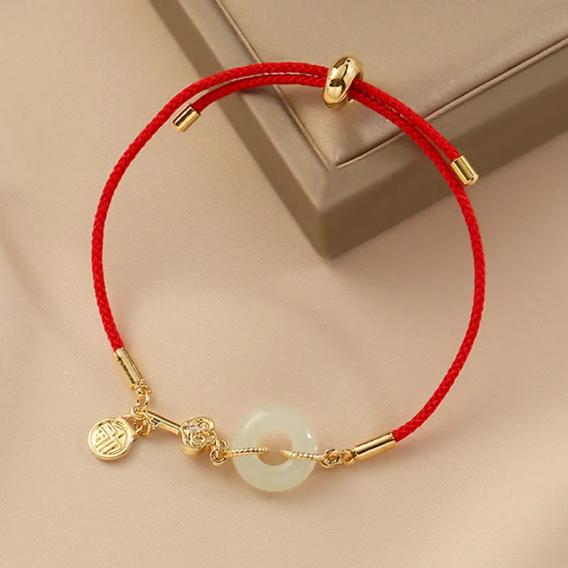 Mythstone 18K Gold Plated Hetian Jade Peace Buckle Fu Character Luck Red Rope Bracelet - Image 7
