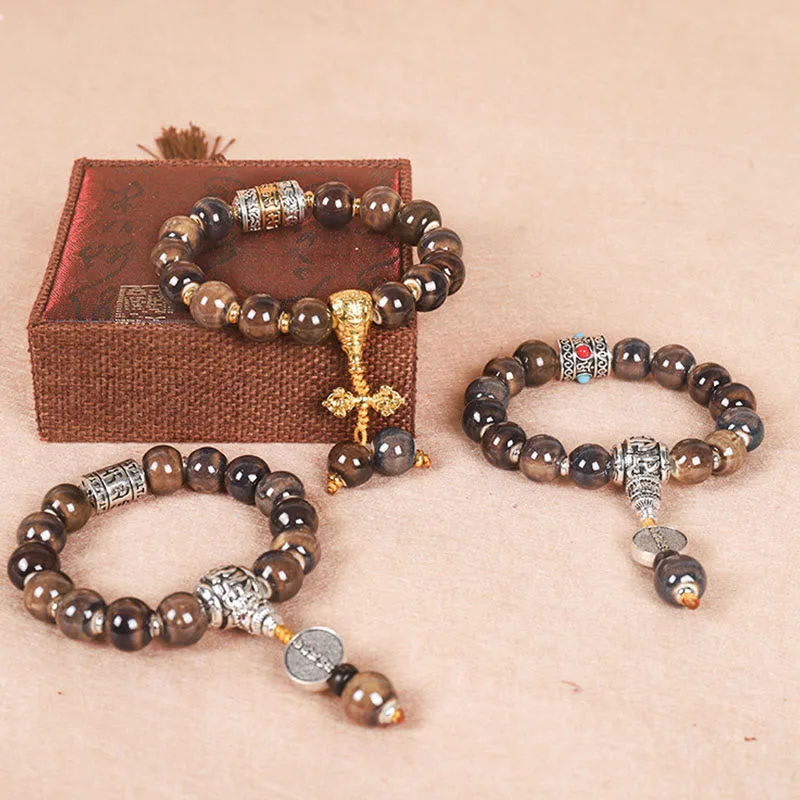 Mythstone Tibet Om Mani Padme Hum Prayer Wheel Dorje Vajra Engraved Glass Bead Wisdom Bracelet - Image 2