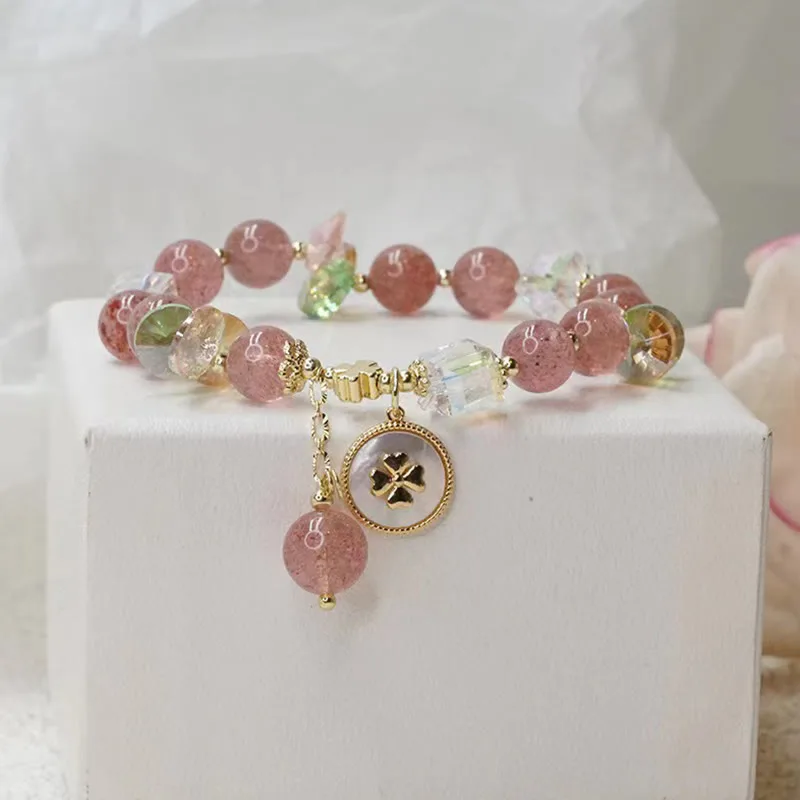Mythstone Strawberry Quartz Lucky Four Leaf Clover Healing Charm Bracelet - Image 9