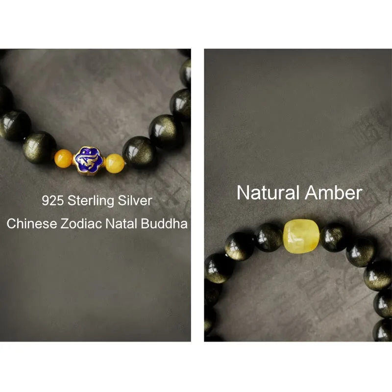 Mythstone 925 Sterling Silver Chinese Zodiac Natal Buddha Natural Gold Sheen Obsidian Amber Wealth Protection Bracelet - Image 20