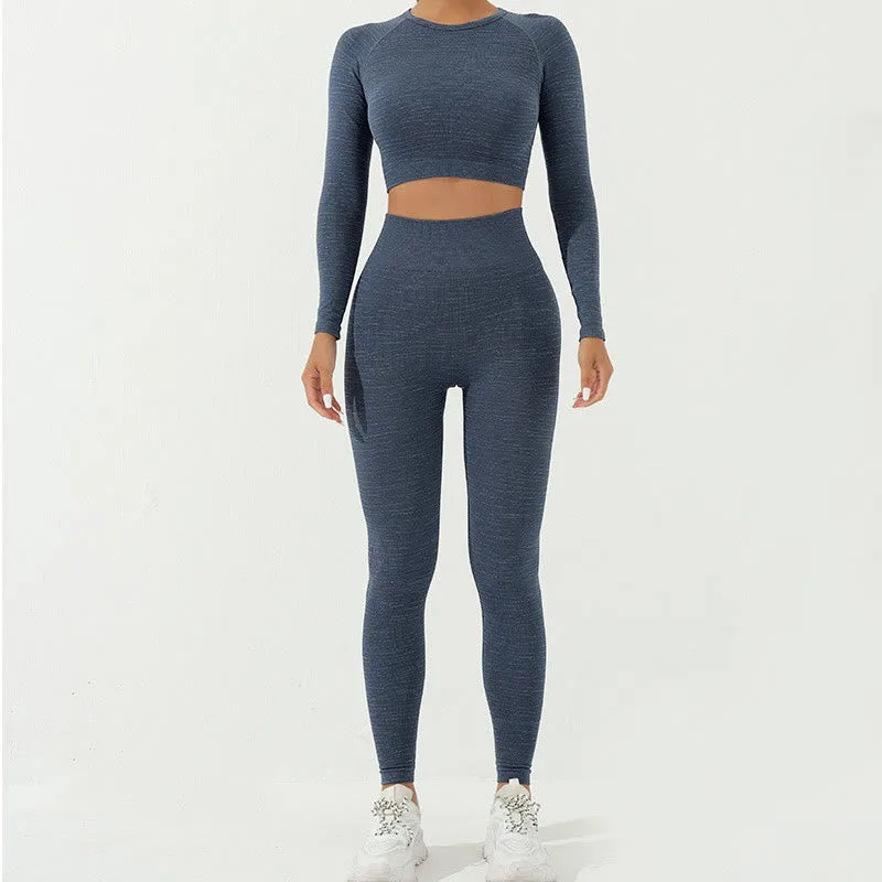 Mythstone 2Pcs Simple Print Crop Tank Bra Long Sleeve Top Leggings Pants Sports Outfits Women's Yoga Sets - Image 19