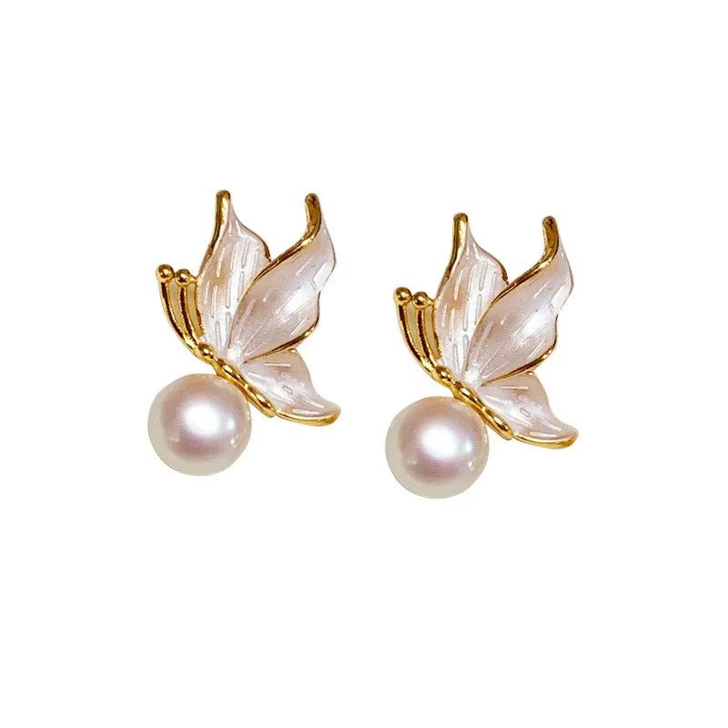 Mythstone 925 Sterling Silver Posts Copper Plated Gold Natural Pearl Bead Butterfly Wisdom Stud Earrings - Image 5