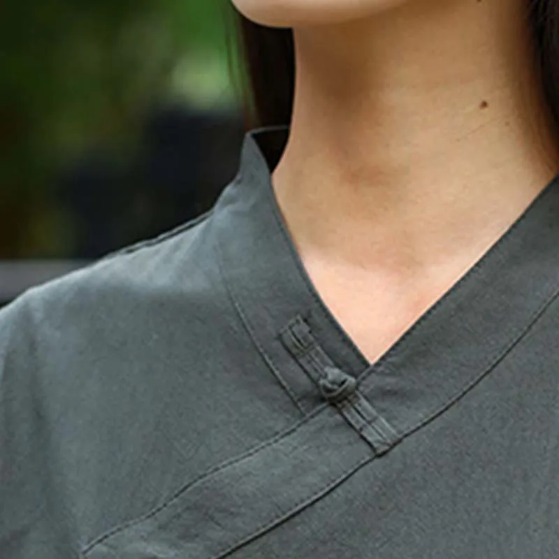 Mythstone 2Pcs Half Sleeve V-Neck Shirt Top Pants Meditation Zen Tai Chi Linen Clothing Women's Set - Image 17