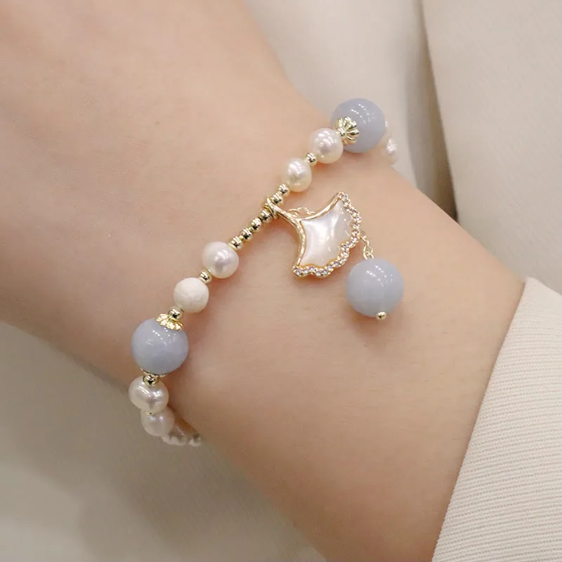 Mythstone Natural Aquamarine Pearl Healing Ginkgo Leaf Butterfly Charm Bracelet - Image 5