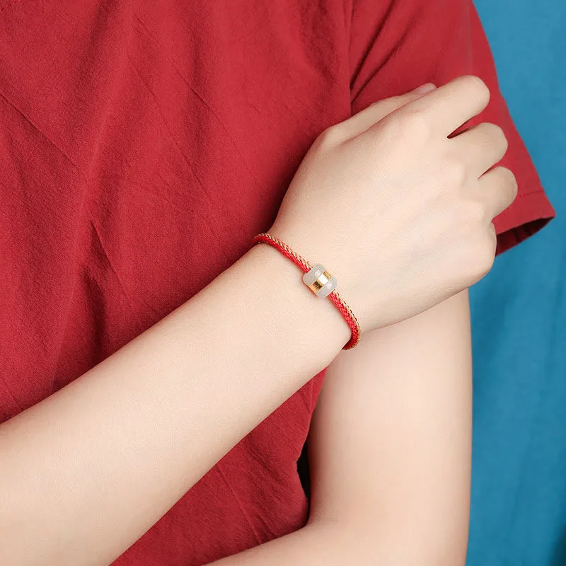 Mythstone 999 Gold Hetian White Jade Om Mani Padme Hum Fu Character Luck Braided Bracelet - Image 6