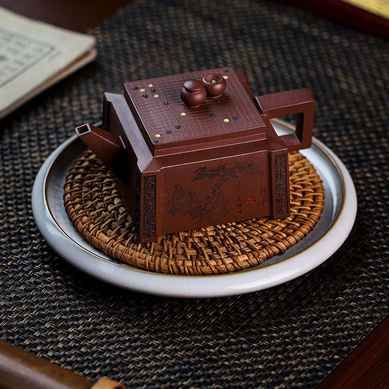 Mythstone Yixing All Handmade Gomoku Playing Chess Purple Clay Kung Fu Square Teapot 280ml