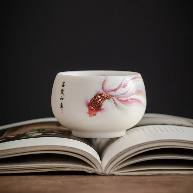 Mythstone Koi Fish White Porcelain Ceramic Teacup Kung Fu Tea Cup - Image 12