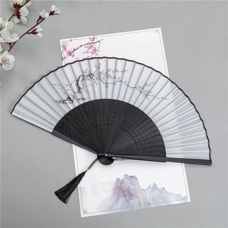 Mythstone Mountains Plum Blossom Lotus Magpie Bamboo Leaves Handheld Silk Bamboo Folding Fan 22.5cm - Image 3