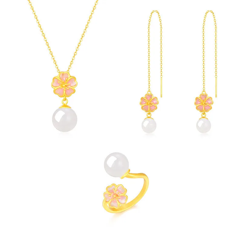 Mythstone 925 Sterling Silver Natural Hetian White Jade Cherry Blossom Sakura Luck Necklace Pendant Ring Earrings Set - Image 12