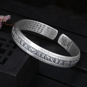Mythstone 999 Sterling Silver Om Mani Padme Hum Heart Sutra Lotus Peace Bracelet Bangle