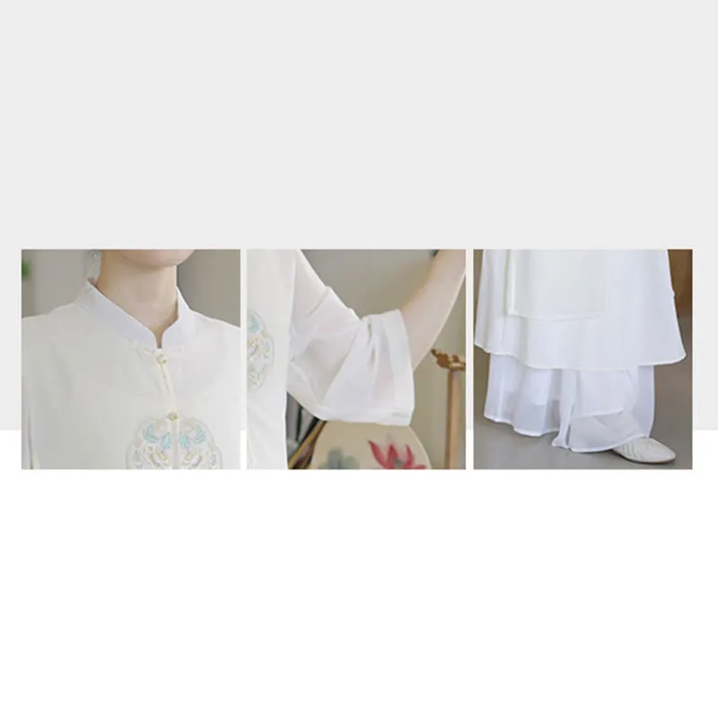 Mythstone Embroidery Chiffon Cheongsam Midi Dress Wide Leg Pants Meditation Zen Practice Clothing - Image 14