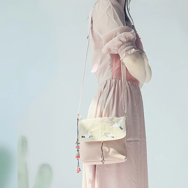 Mythstone Handmade Embroidered Plum Flowers Canvas Crossbody Bag Shoulder Bag Handbag - Image 12